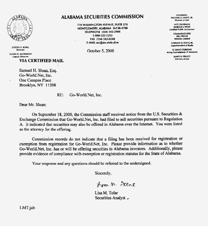 Letter from Alabama Securities Commission