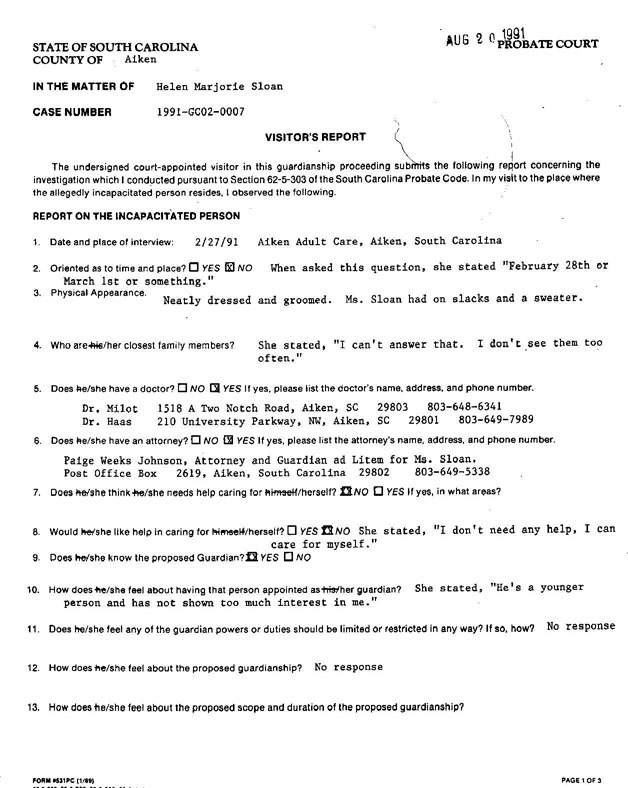 Report regarding Petition for the Appointment of a Conservator for Dr. Marjorie Sloan