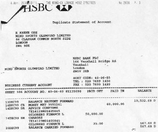 Bank statement showing funds going out