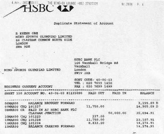 Bank statement showing funds coming in