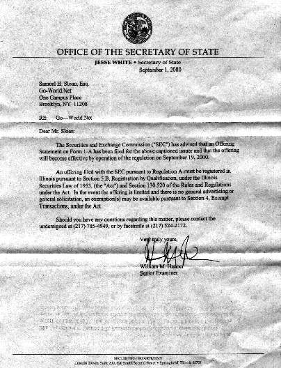 Letter from Illinois Securities Department