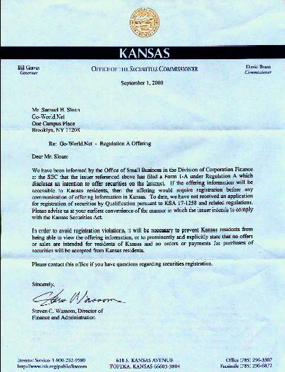 First Letter from Kansas - Office of the Securities Commissioner
