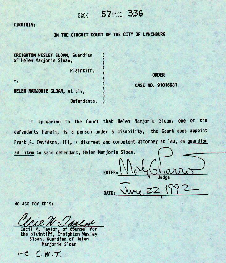 Order appointing Frank G. Davidson as Guardian ad litem for Helen Marjorie Sloan