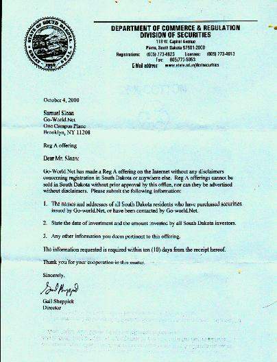 Letter from South Dakota Division of Securities